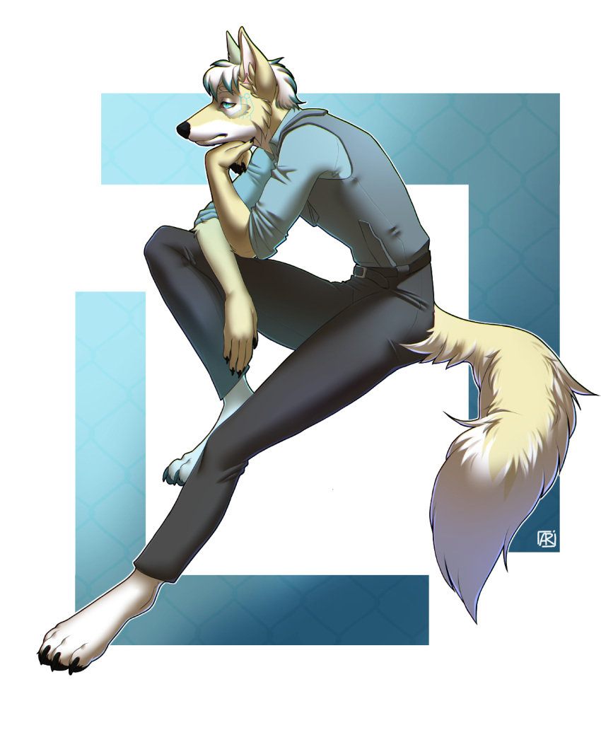 2019 4:5 4_toes 5_fingers anthro black_fur blue_eyes canid canine clothed clothing digital_media_(artwork) fox fur hi_res male mammal rayley sitting solo toes
