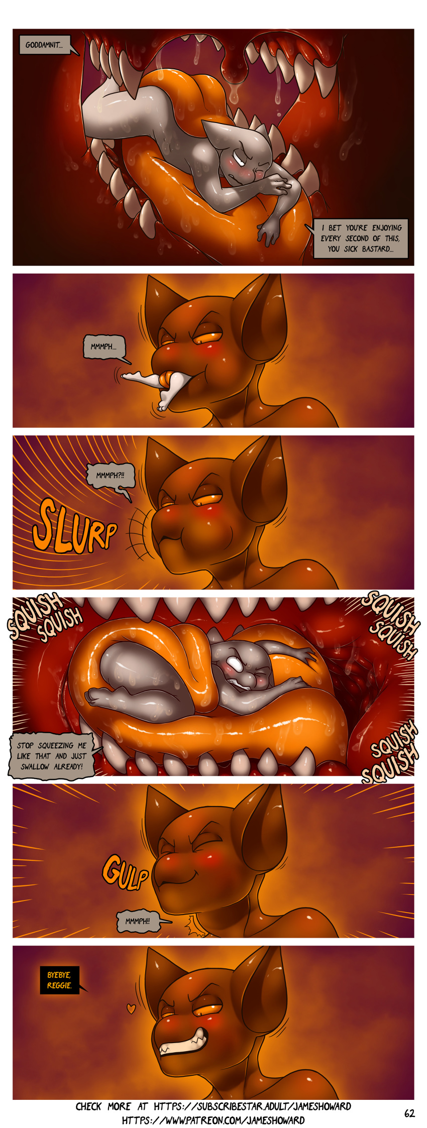 &lt;3 absurd_res ambiguous_gender blush comic dialogue domestic_cat felid feline felis hi_res howard_(james_howard) internal james_howard macro male male_pred male_prey mammal neck_bulge nude onomatopoeia reggie_(james_howard) saliva size_difference sound_effects swallowing tongue_wrap vore