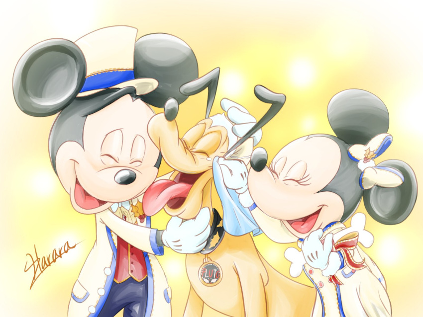 2018 4:3 anthro black_ears black_nose bone bow_tie canid canine canis clothed clothing collar disney domestic_dog eyebrows eyes_closed feral group harara hat headgear headwear hi_res holly_(plant) mammal mickey_mouse minnie_mouse mouse murid murine open_mouth open_smile plant pluto_(disney) raised_inner_eyebrows rodent round_ears signature simple_background smile tears top_hat yellow_background