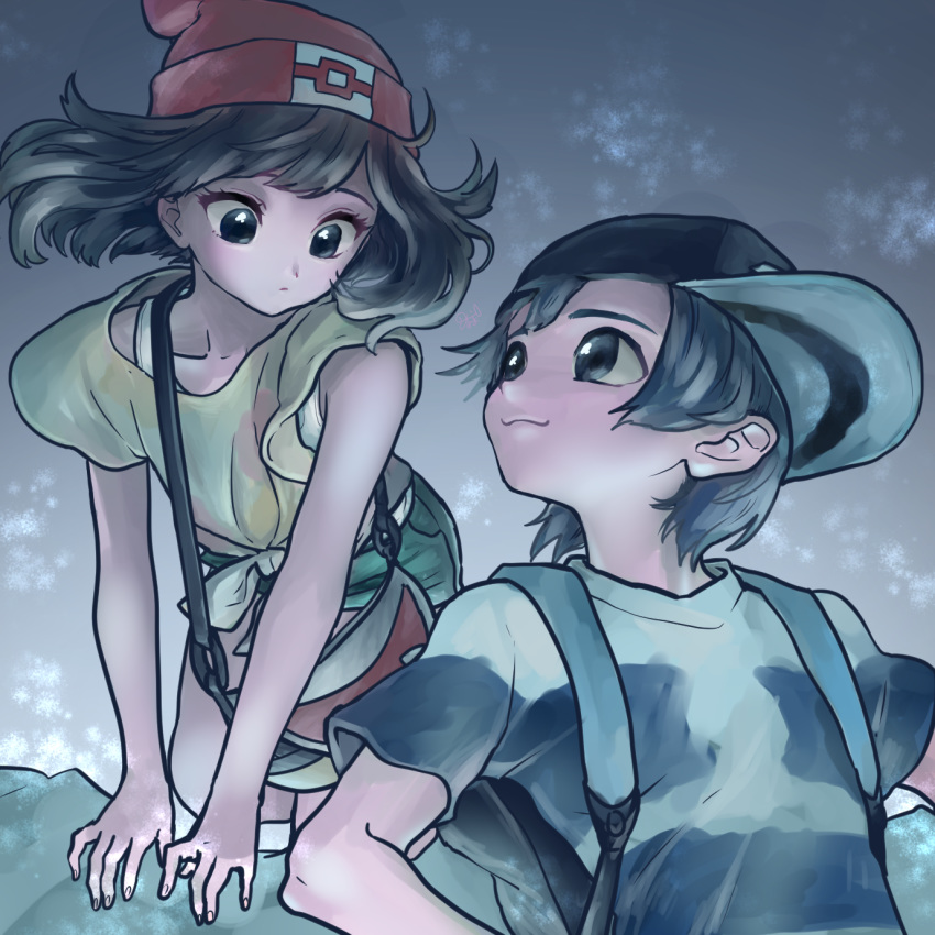 1boy 1girl backpack bag baseball_cap black_hair closed_mouth creatures_(company) eye_contact fingernails game_freak handbag hat highres looking_at_another medium_hair minapo moon_(pokemon) nintendo pokemon pokemon_special shirt sideways_hat sun_(pokemon) tied_shirt