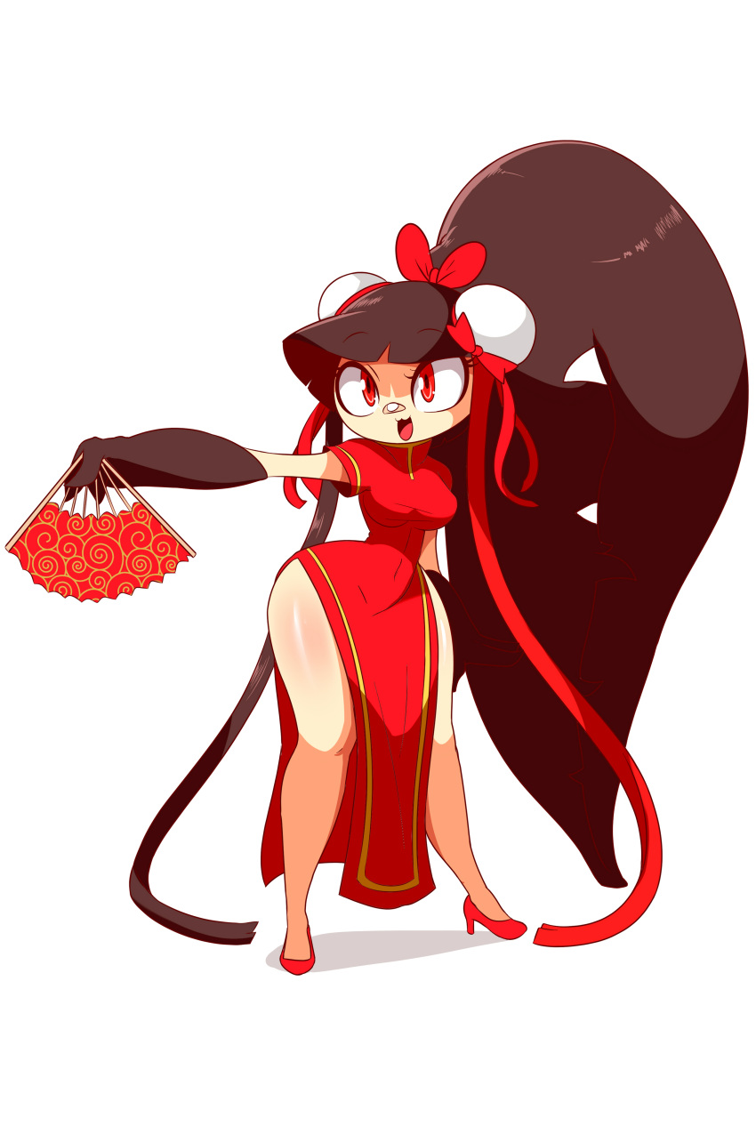 1girl :3 absurdres bandaid bandaid_on_nose bangs bare_legs black_gloves black_hair blunt_bangs borrowed_character breasts china_dress chinese_clothes commentary contrapposto creatures_(company) double_bun dress elbow_gloves english_commentary extra_mouth fan folding_fan game_freak gen_3_pokemon gloves hair_ribbon high_heels highres humanization long_dress long_hair long_legs mawile medium_breasts nintendo no_humans pelvic_curtain pokemon pokemon_(creature) red_dress red_eyes red_footwear ribbon slender_waist solo standing very_long_hair white_background wide_hips zanatemx