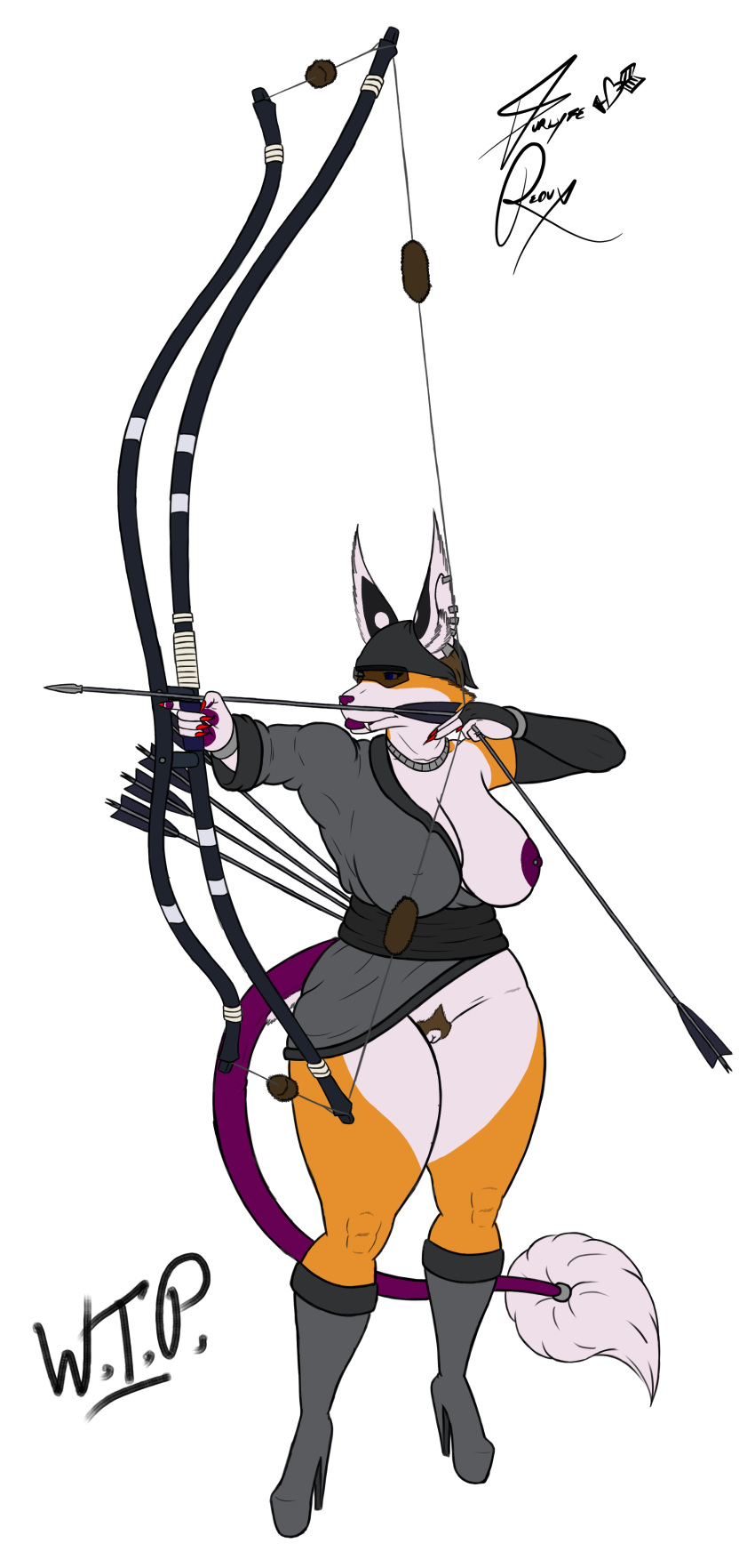 absurd_res archery areola big_breasts bracelet breasts canid canine clothed clothing ear_piercing ear_ring footwear fox foxelyn_tyson furlyfe_redux hi_res high_heels huge_areola huge_breasts jewelry mammal nipple_piercing nipples piercing platform_footwear platform_heels pubes pussy ranged_weapon ring shoes simple_background solo tail_ring thick_thighs unfinished weapon