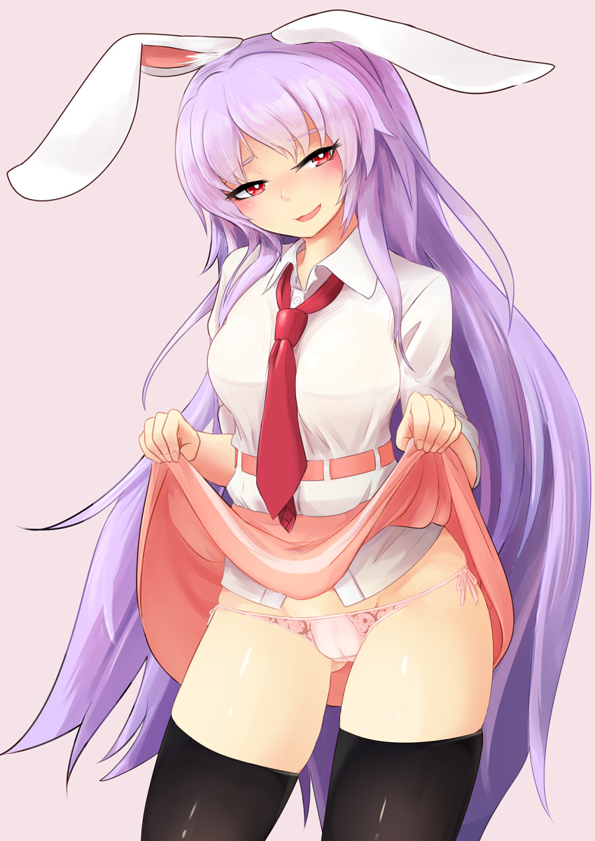 1girl :d animal_ears bangs belt black_legwear blush bunny_ears cameltoe commentary_request cowboy_shot eyebrows_visible_through_hair gluteal_fold grey_background groin head_tilt highres lifted_by_self long_hair long_sleeves looking_at_viewer miniskirt nama_shirasu necktie open_mouth panties pink_belt pink_panties pink_skirt purple_hair red_eyes red_neckwear reisen_udongein_inaba shirt side-tie_panties simple_background skirt skirt_lift smile solo standing thighhighs thighs touhou underwear very_long_hair white_shirt wing_collar