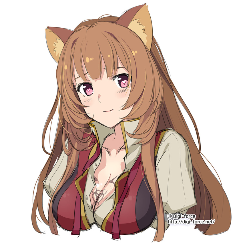 1girl animal_ears bangs blunt_bangs blush breast_tattoo breasts brown_hair cleavage closed_mouth collarbone collared_shirt commentary_request cropped_torso grey_shirt heart heart-shaped_pupils highres kimura_shigetaka long_hair looking_at_viewer medium_breasts pink_eyes raccoon_ears raccoon_girl raphtalia red_vest shirt simple_background smile solo symbol-shaped_pupils tareme tate_no_yuusha_no_nariagari tattoo upper_body vest watermark web_address white_background
