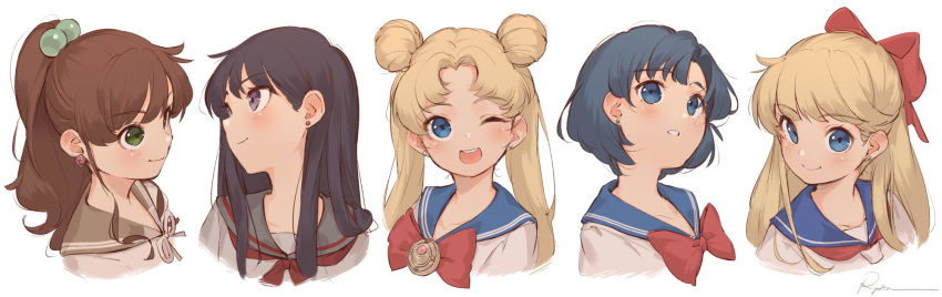 5girls ;d aino_minako bangs bishoujo_senshi_sailor_moon black_hair blonde_hair blue_eyes blue_hair blush bow bowtie brooch brown_hair closed_mouth collarbone double_bun earrings eyebrows_visible_through_hair green_eyes hair_bobbles hair_bow hair_ornament half_updo head_tilt high_ponytail highres hino_rei jewelry juuban_middle_school_uniform kino_makoto kino_makoto's_school_uniform long_hair looking_at_viewer looking_away looking_to_the_side mizuno_ami multiple_girls neckerchief one_eye_closed open_mouth parted_bangs parted_lips portrait purple_eyes red_bow red_neckwear round_teeth ryota_(ry_o_ta) school_uniform serafuku shiba_koen_middle_school_uniform short_hair signature simple_background smile stud_earrings ta_girls_school_uniform teeth tsukino_usagi twintails upper_teeth white_background