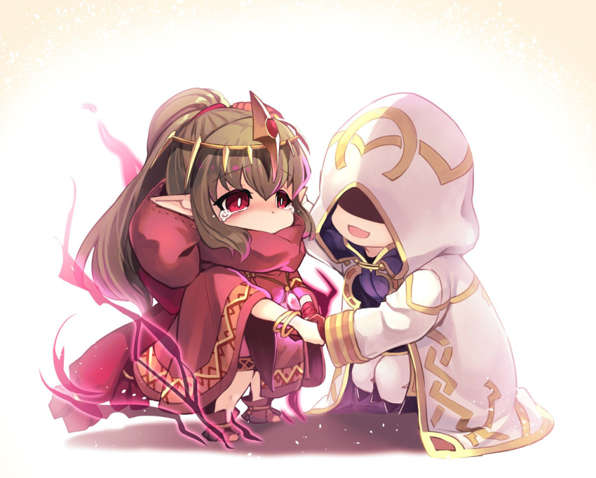 1girl 1other aura bracelet brown_gloves chiki cloak crying crying_with_eyes_open dark_aura fire_emblem fire_emblem:_monshou_no_nazo fire_emblem_heroes gloves green_hair hand_holding highres hood hood_down hood_up hooded_cloak jewelry long_hair long_sleeves mamkute nakabayashi_zun nintendo open_mouth pointy_ears ponytail red_eyes simple_background stone summoner_(fire_emblem_heroes) tears tiara