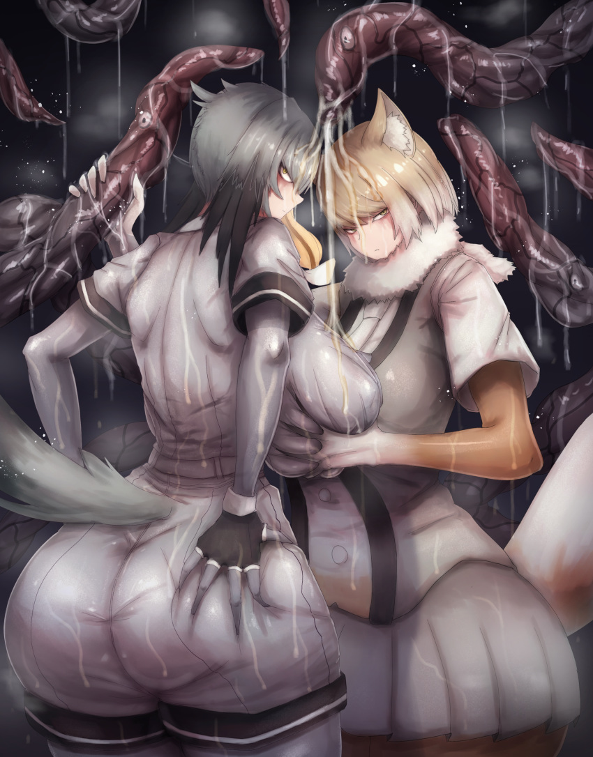 10s 2girls absurdres animal_ears ass ass_grab black_hair blonde_hair blush bodystocking breast_grab breasts cameltoe canvassolaris deep_skin detached_sleeves fingerless_gloves fox_ears fox_tail from_behind gloves grabbing grabbing_own_ass gradient_hair highres huge_ass kemono_friends large_breasts looking_at_viewer looking_back multicolored_hair multiple_girls pantyhose shiny shiny_clothes shiny_hair shiny_skin shoebill_(kemono_friends) short_hair shorts sideboob silver_hair skirt standing suggestive_fluid sweat tail tentacle tibetan_sand_fox_(kemono_friends) underwear white_hair yellow_eyes