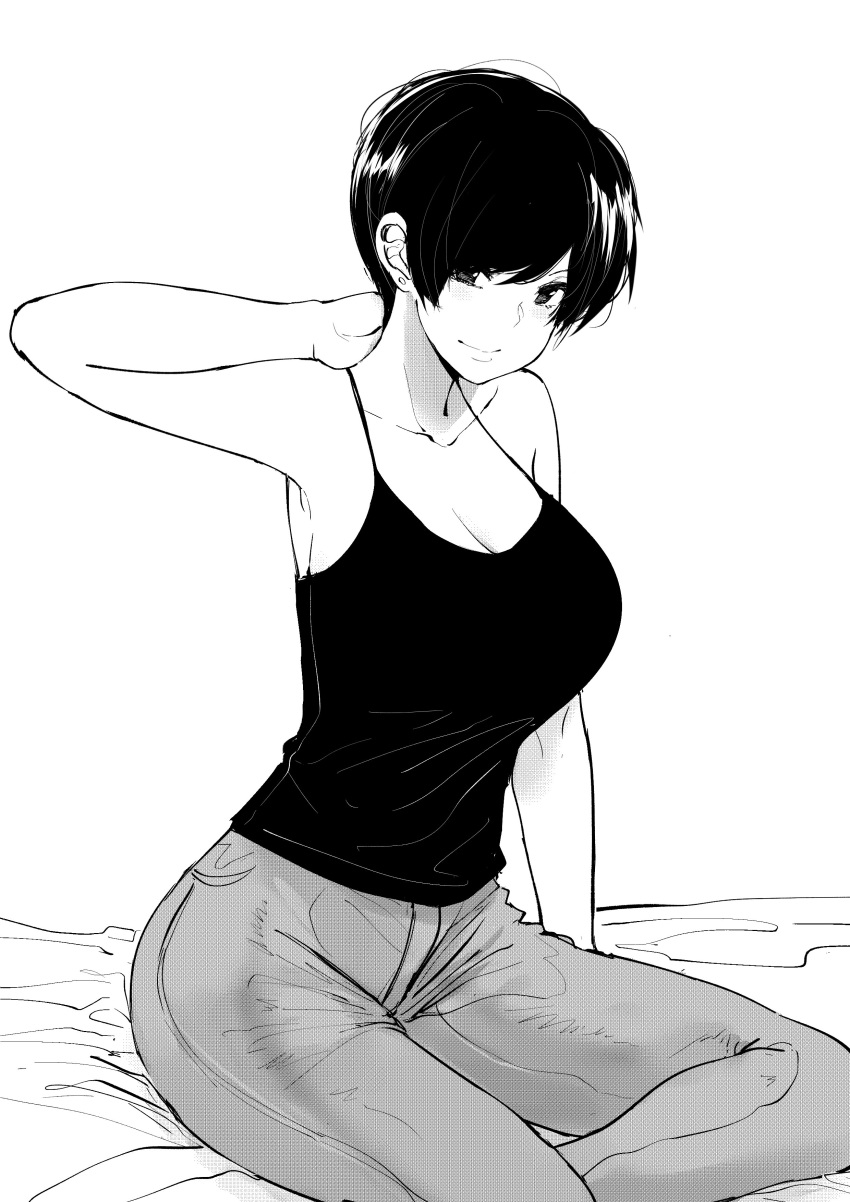 1girl absurdres breasts cleavage commentary denim english_commentary greyscale hand_behind_head highres jeans looking_at_viewer medium_breasts monochrome norman_maggot olive_laurentia original pants pixie_cut shirt short_hair simple_background sitting solo tank_top white_background