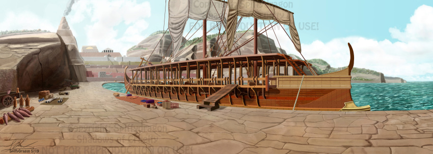 14:5 absurd_res city detailed_background greek harbor hi_res sea shadows_of_cruelty shadowsofcruelty sky spiffydragon trireme warship water watermarked
