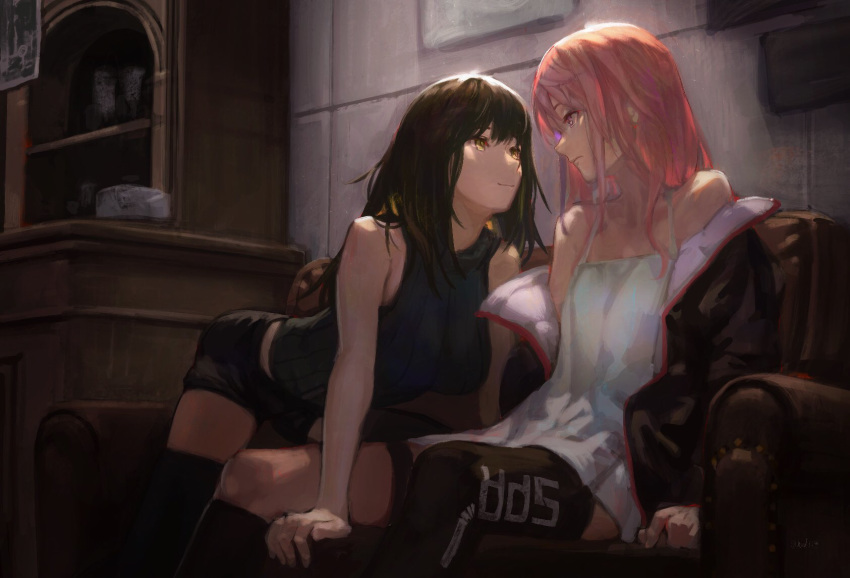 2girls all_fours arm_support asymmetrical_legwear bangs bare_arms bare_shoulders black_hair black_jacket black_legwear black_short black_shorts blue_eyes breasts brown_eyes closed_mouth clothes_writing couch couple dress expressionless eye_contact eyebrows_visible_through_hair female garter_straps girls_frontline green_hair hair_between_eyes highres indoors jacket long_hair looking_at_another lynchis m4a1_(girls_frontline) medium_breasts multicolored_hair multiple_girls neck off_shoulder open_clothes open_jacket pink_hair ribbed_shirt shirt short_dress shorts sidelocks single_thighhigh sitting sleeveless sleeveless_shirt small_breasts smile st_ar-15_(girls_frontline) streaked_hair thighhighs white_dress yuri