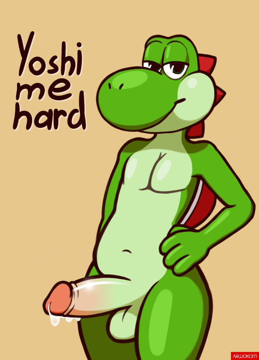 anthro arwokom balls belly big_penis green_yoshi hi_res humanoid_penis looking_at_viewer male mario_bros nintendo penis presenting retracted_foreskin scalie solo standing uncut video_games yoshi