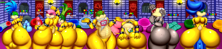 absurd_res anal anal_penetration anus backsack balls big_butt big_dildo big_penis blue_hair bowser_jr. brown_scales butt condom cushion digital_media_(artwork) dildo flexible girly green_hair hair hi_res huge_butt iggy_koopa koopa koopaling larry_koopa lemmy_koopa looking_at_viewer ludwig_von_koopa male mario_bros morton_koopa_jr. nintendo nobody147 nude penetration penis red_hair roy_koopa scales scalie sex_toy spread_anus spread_butt spreading take_your_pick video_games wide_hips yellow_scales