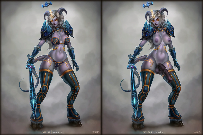 animal_genitalia animal_penis balls blizzard_entertainment breasts cleavage clothed clothing dickgirl draenei equine_penis erection female hi_res hooves horn humanoid intersex legwear looking_at_viewer mammal melee_weapon nipples not_furry penis sword thigh_highs vempire video_games warcraft weapon