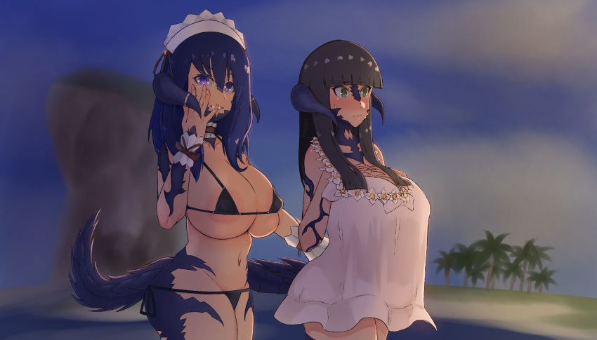 2girls areola au_ra blach_hair blue_hair blush breasts final_fantasy final_fantasy_xiv frills green_eyes highres horns huge_breasts large_breasts maid_headdress multiple_girls myuunium original purple_eyes smile tail