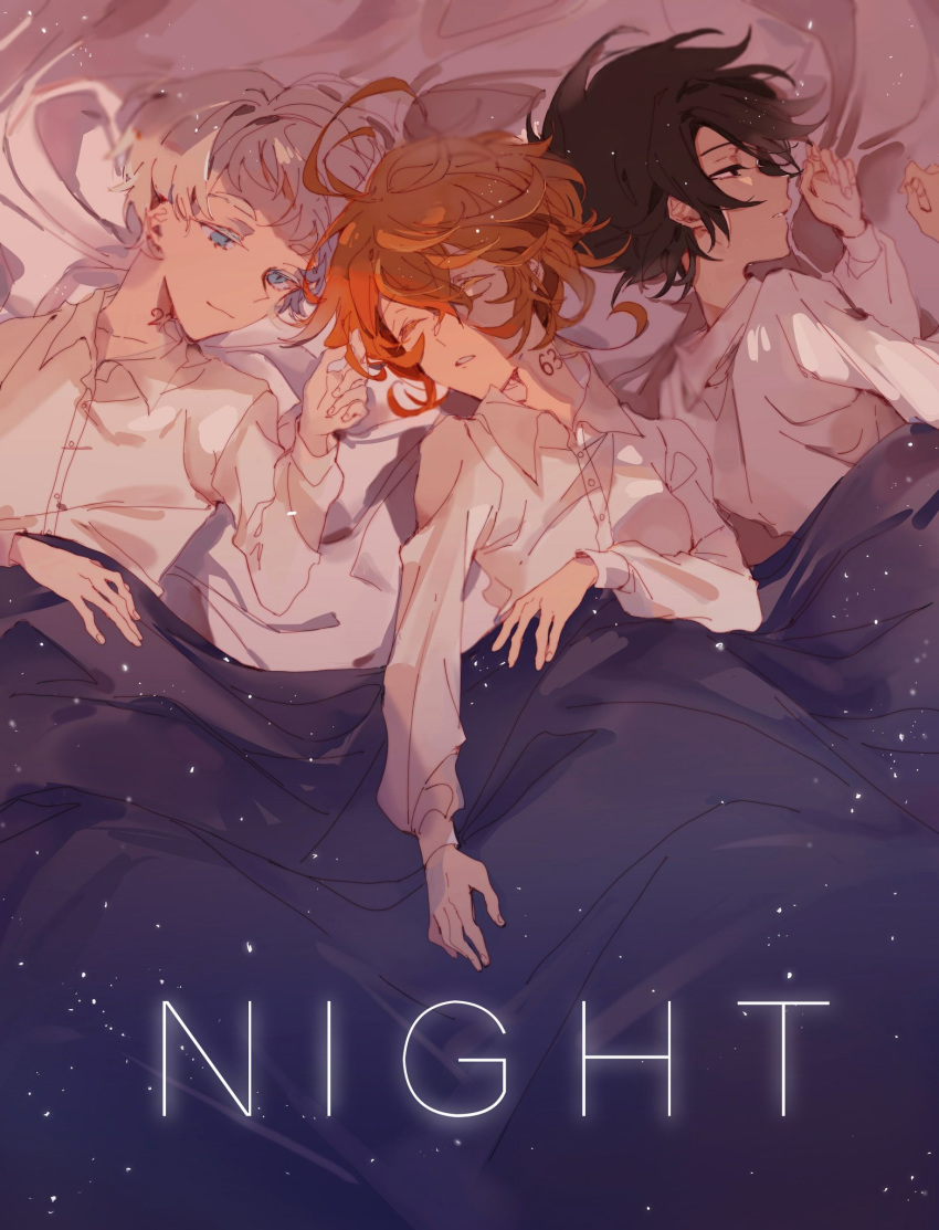 1girl 2boys ahoge black_eyes black_hair blanket blue_eyes closed_mouth emma_(yakusoku_no_neverland) eyes_closed highres holding holding_hair long_sleeves looking_at_another lying m_omoo multiple_boys neck_tattoo night norman_(yakusoku_no_neverland) number_tattoo on_back on_side open_mouth orange_hair ray_(yakusoku_no_neverland) shirt short_hair sleeping smile tattoo under_covers white_hair white_shirt white_skin yakusoku_no_neverland