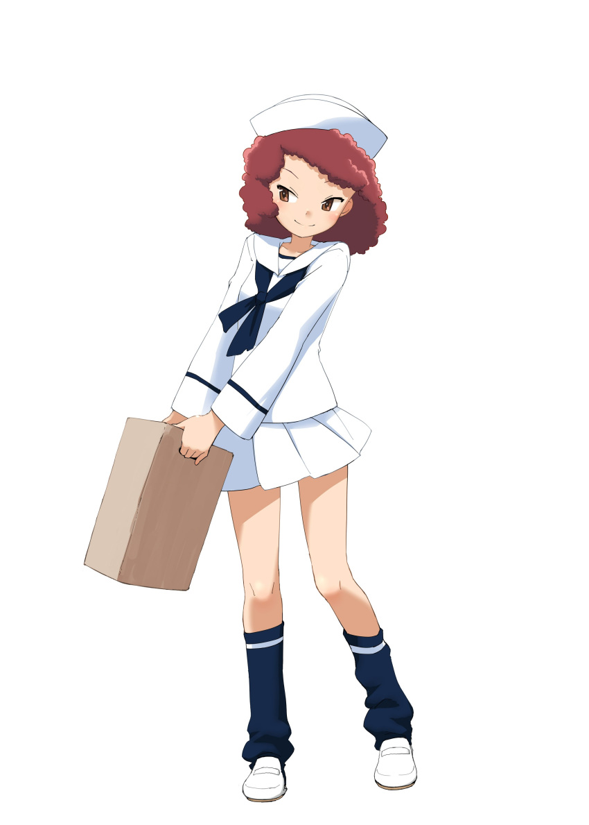 1girl absurdres blouse box commentary_request curly_hair dixie_cup_hat full_body girls_und_panzer hamahara_yoshio hat highres holding holding_box light_blush loafers long_sleeves looking_at_viewer military_hat miniskirt navy_blue_legwear navy_blue_neckwear neckerchief ooarai_naval_school_uniform pleated_skirt print_legwear red_eyes red_hair rum_(girls_und_panzer) sailor sailor_collar school_uniform shoes short_hair simple_background single_horizontal_stripe skirt socks solo standing white_background white_blouse white_footwear white_headwear white_skirt