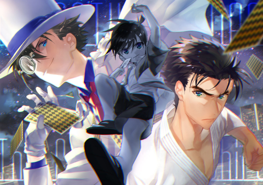 3boys black_hair blue_eyes brown_hair card clenched_hand edogawa_conan formal gloves hat holding holding_card jacket kaitou_kid kyougoku_makoto looking_at_viewer male_focus meitantei_conan monocle multiple_boys necktie playing_card red_neckwear rice_(rice8p) sandals short_sleeves shorts smirk suit white_gloves white_headwear