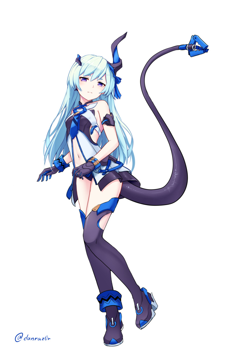 1girl aqua_hair armlet ass asymmetrical_horns bangs bare_shoulders black_gloves black_panties blush boots breasts commentary_request danraz0r dress ehart expressionless full_body gloves hair_between_eyes hair_ornament hair_ribbon highres honkai_(series) honkai_impact_3rd horn horns liliya_olyenyey long_hair looking_at_viewer mechanical_tail navel open_clothes open_dress panties purple_eyes ribbon short_dress simple_background small_breasts solo standing tail thighhighs twitter_username underwear white_background