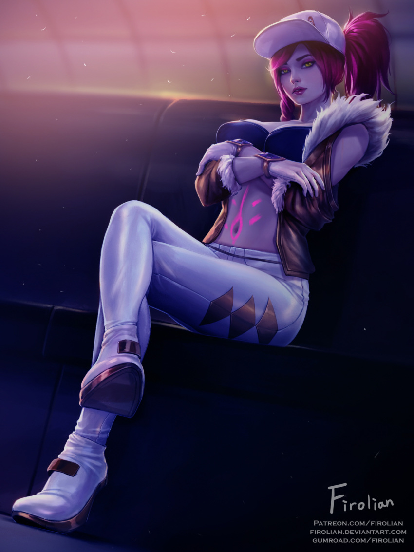 1girl akali alternate_costume ankle_boots bangs bare_shoulders baseball_cap black_bra bodypaint boots bra bracelet breasts collarbone commentary couch crossed_arms english_commentary eyeshadow firolian fur_collar gem gloves hat highres indoors jacket jewelry k/da_(league_of_legends) k/da_akali large_breasts league_of_legends legs_crossed lips lipstick makeup navel nightclub nose open_clothes open_jacket pants pink_hair ponytail prestige_edition_(league_of_legends) sitting solo stomach swept_bangs tight tight_pants underwear watermark web_address white_footwear white_gloves white_pants yellow_eyes