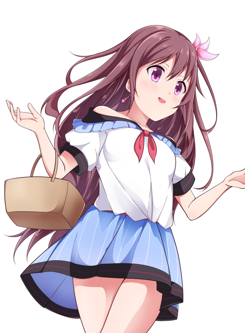 1girl acchii_(akina) alternate_costume basket blue_skirt brown_hair casual commentary_request cowboy_shot earrings hair_ornament highres jewelry kantai_collection kisaragi_(kantai_collection) long_hair purple_eyes sailor_collar sailor_shirt shirt simple_background skirt smile solo striped striped_skirt white_background