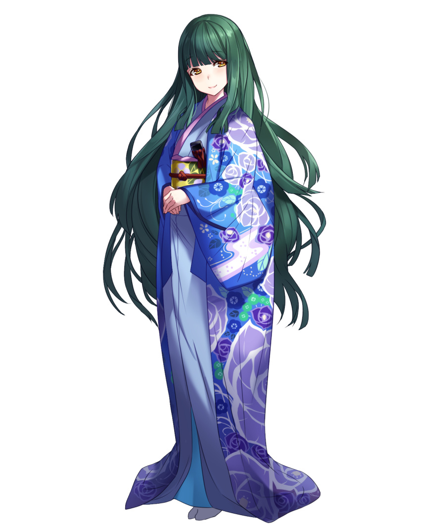 1girl bangs blue_kimono blunt_bangs brown_eyes copyright_request fan floral_print folding_fan full_body green_hair hands_together highres japanese_clothes kimono long_hair official_art ringozaka_mariko simple_background smile solo standing very_long_hair white_background wide_sleeves