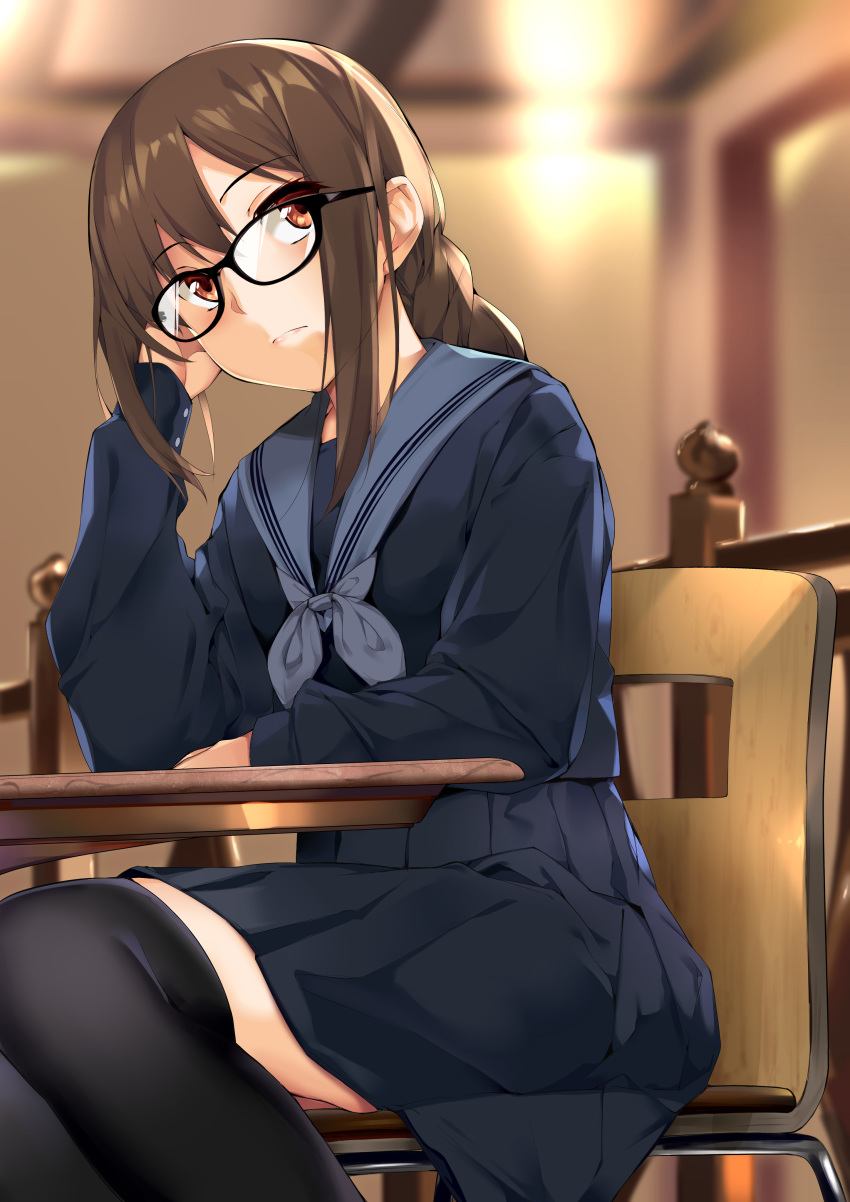 1girl absurdres akuta_hinako bangs black-framed_eyewear black_legwear blue_sailor_collar blue_shirt blue_skirt blurry blurry_background braid breasts brown_hair chair closed_mouth commentary_request elbow_rest eyebrows_visible_through_hair fate/grand_order fate_(series) glasses hair_between_eyes hand_in_hair hand_up head_on_hand hidebuu highres indoors long_hair long_sleeves looking_at_viewer on_chair pleated_skirt red_eyes revision sailor_collar school_uniform serafuku shirt sidelocks single_braid sitting skirt solo stable thighhighs twintails very_long_hair wooden_chair zettai_ryouiki