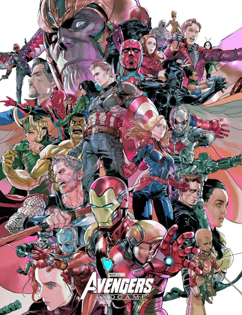 absurdres avengers black_panther_(marvel) black_widow bruce_banner captain_america captain_marvel carol_danvers clint_barton doctor_strange drax_the_destroyer gamora groot guardians_of_the_galaxy hawkeye_(marvel) highres hulk iron_man james_buchanan_barnes james_rhodes loki_(marvel) mantis_(marvel) marvel natasha_romanoff nebula_(gotg) nick_fury okoye peter_parker peter_quill rocket_raccoon sam_wilson scarlet_witch shuri spider-man steve_rogers t'challa thanos thor_(marvel) tony_stark valkyrie vision_(marvel) wanda_maximoff war_machine winter_soldier