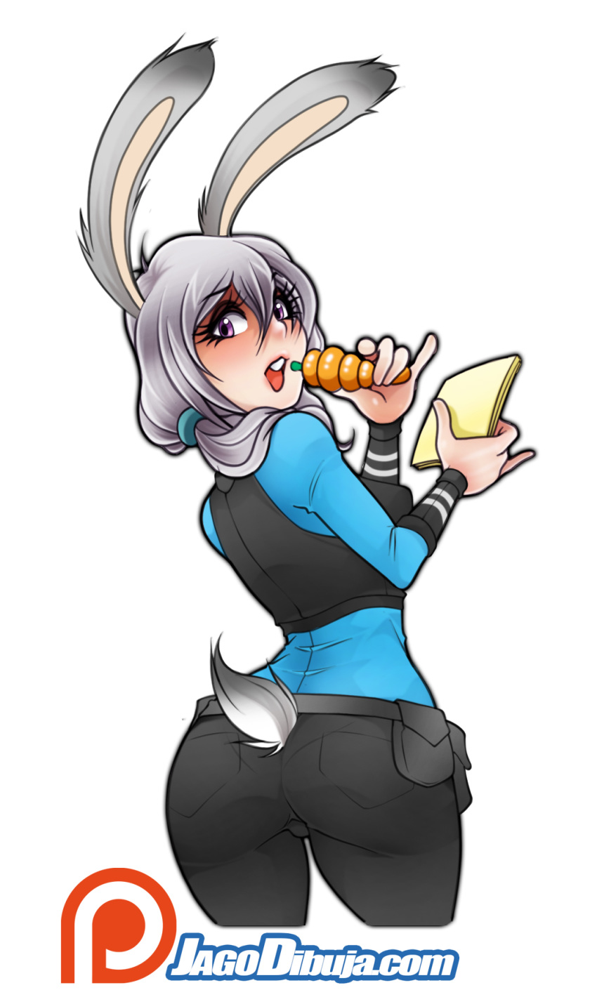 2019 5_fingers alternate_species animal_humanoid belt big_butt blue_eyes breasts butt clothed clothing disney female fully_clothed grey_hair hair hairband humanoid humanoidized jago_dibuja judy_hopps lagomorph lagomorph_humanoid looking_at_viewer looking_back mammal open_mouth pants patreon pouch rabbit_humanoid rear_view shirt simple_background solo standing url vest white_background zootopia