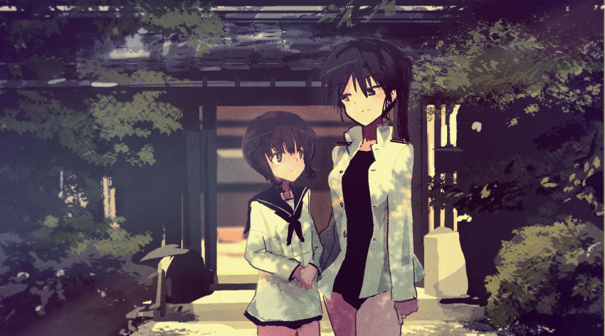 2girls black_eyes black_hair blurry brown_hair commentary cowboy_shot dappled_sunlight depth_of_field eye_contact film_grain hand_on_another's_back hands_together high_ponytail highres house jacket kabuyama_kaigi kitagou_fumika long_hair looking_at_another multiple_girls open_clothes open_jacket outdoors ponytail school_uniform serafuku short_hair sidelocks sketch sunlight swimsuit swimsuit_under_clothes takei_junko uniform world_witches_series younger