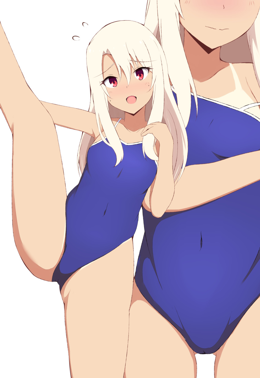 1girl absurdres blush fate/stay_night fate_(series) highres illyasviel_von_einzbern long_hair looking_at_viewer mitchi one-piece_tan open_mouth red_eyes smile solo swimsuit tan tanline white_hair