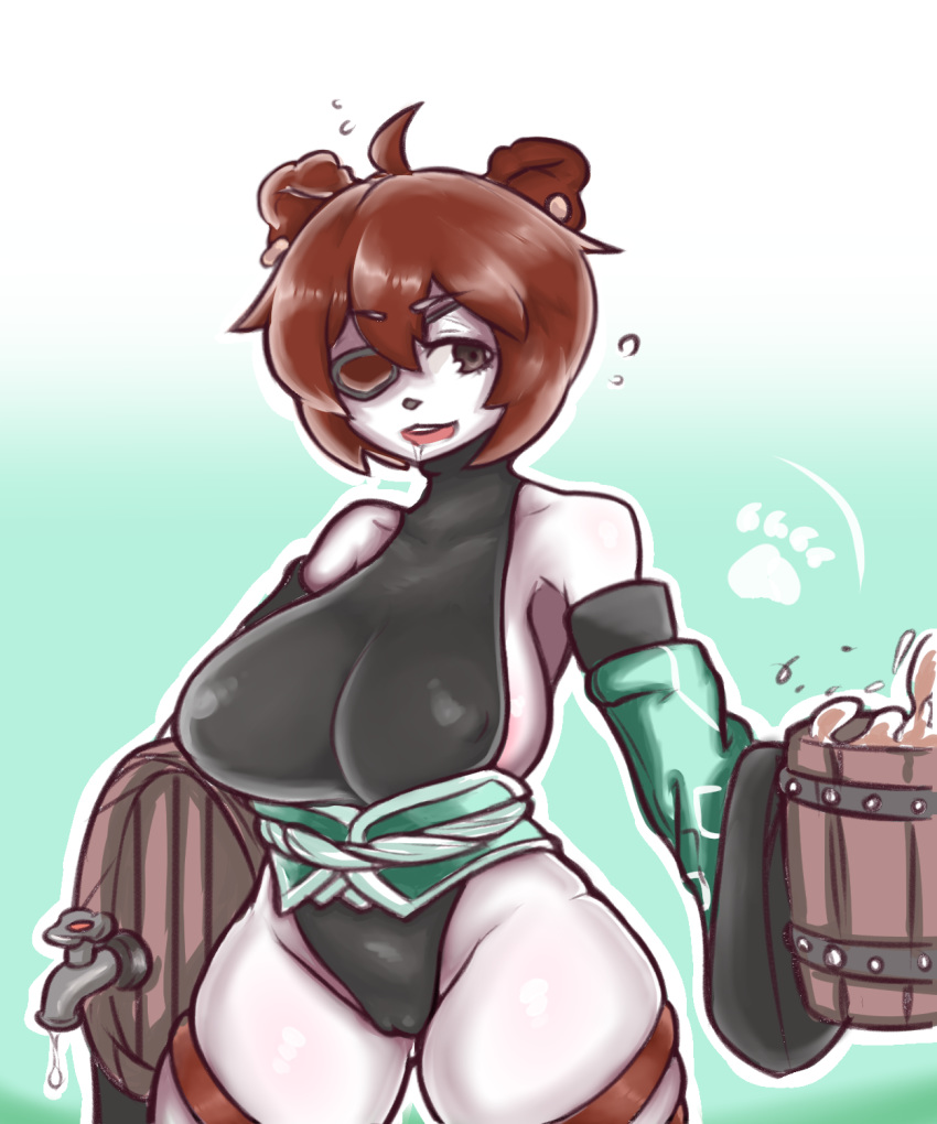 alcohol anthro areola_slip beverage big_breasts breasts cage_(artist) camel_toe clothed clothing drunk ear_piercing ear_ring eye_patch eyewear female giant_panda hair mammal nipple_outline open_mouth piercing solo ursid