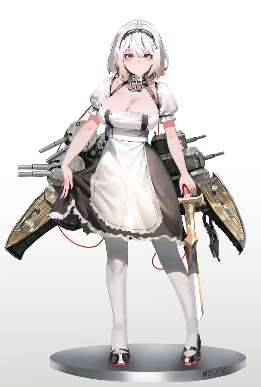 1girl anchor azur_lane bangs black_footwear blush breasts cannon choker cleavage collarbone commentary_request dress expressionless full_body hair_between_eyes hairband highres holding holding_sword holding_weapon ihobus lace-trimmed_hairband large_breasts looking_at_viewer mary_janes puffy_sleeves red_eyes ribbon rigging shoes short_hair short_sleeves sidelocks sirius_(azur_lane) solo sword thighhighs turret weapon white_hair white_legwear