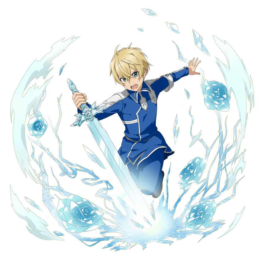 1boy blonde_hair blue_eyes blue_flower blue_jacket blue_pants blue_rose blue_rose_sword eugeo flower hair_between_eyes highres holding holding_sword holding_weapon jacket long_sleeves male_focus official_art open_mouth outstretched_arm pants rose shiny shiny_hair solo sword sword_art_online transparent_background weapon