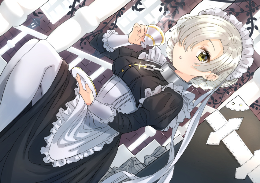 1girl apron azur_lane bangs black_dress blush breasts brick_wall brown_eyes brown_hair chains collar commentary_request cup dress dutch_angle feet_out_of_frame frilled_apron frills hair_over_one_eye holding holding_cup holding_saucer juliet_sleeves lamppost long_sleeves looking_at_viewer medium_breasts metal_collar pantyhose parted_lips pillar puffy_sleeves railing saucer sheffield_(azur_lane) sitting sitting_on_stairs solo stairs suitcase teacup tsukiman waist_apron white_apron white_legwear window