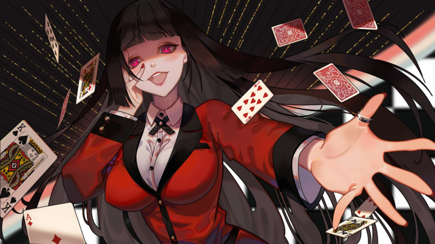 1girl bangs black_hair breasts broken_finger card commentary eyebrows_visible_through_hair heart hime_cut jabami_yumeko jacket jewelry kakegurui large_breasts long_hair long_sleeves looking_at_viewer nail_polish open_mouth peach_luo pink_eyes playing_card red_eyes red_jacket red_nails ring school_uniform shirt solo upper_teeth very_long_hair white_shirt