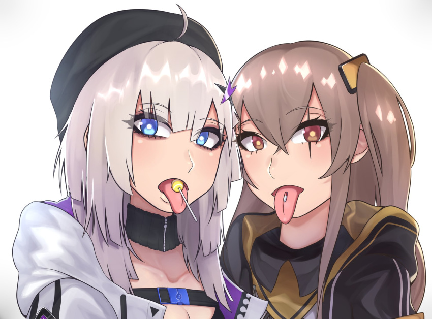 2girls aa-12_(girls_frontline) bags_under_eyes bangs beret black_headwear blue_eyes brown_hair candy choker eyebrows_visible_through_hair food girls_frontline hair_ornament hat highres jacket lollipop multiple_girls myuunium pill scar side_ponytail sidelocks silver_hair tongue tongue_out ump45_(girls_frontline) zipper