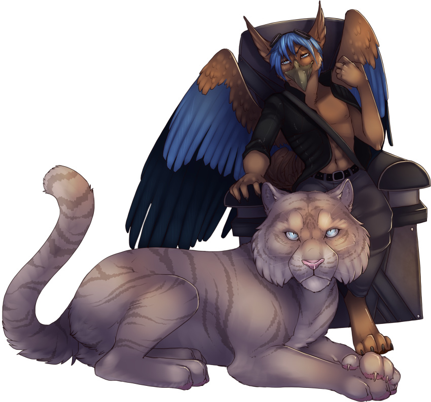 2019 alpha_channel ambiguous_gender anthro archery_(artist) avian blue_eyes blue_feathers blue_hair clothed clothing digital_media_(artwork) duo feathered_wings feathers felid feral gryphon hair hi_res male mammal pantherine simple_background tiger transparent_background wings