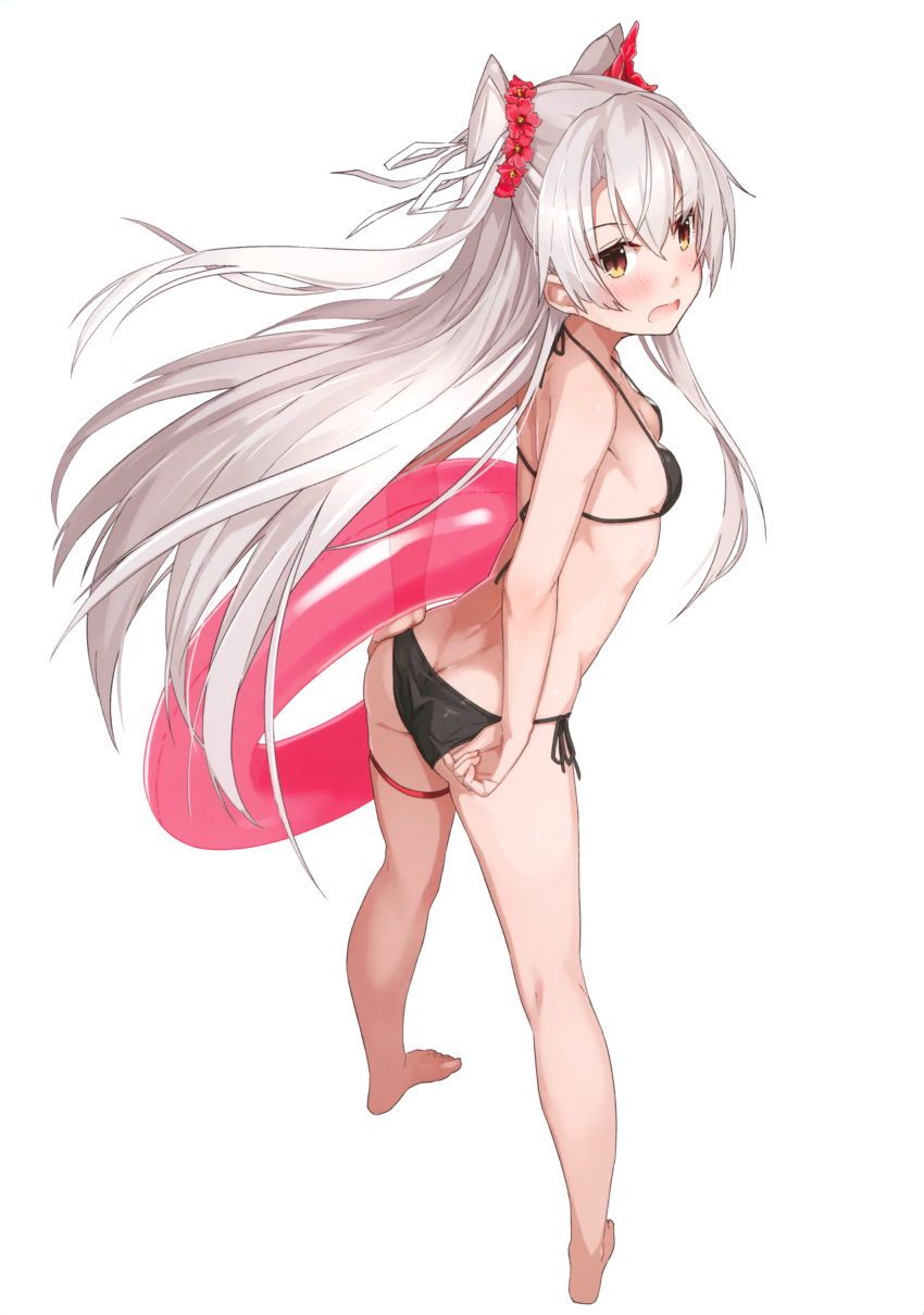 1girl absurdres adjusting_clothes adjusting_swimsuit amatsukaze_(kantai_collection) ass bare_legs barefoot bikini breasts cleavage flower from_above from_behind full_body hair_flower hair_ornament hair_ribbon halterneck highres innertube kantai_collection long_hair open_mouth ribbon scan side-tie_bikini silver_hair simple_background small_breasts solo standing strap_gap swimsuit takanashi_kei_(hitsujikan) two_side_up very_long_hair white_background yellow_eyes