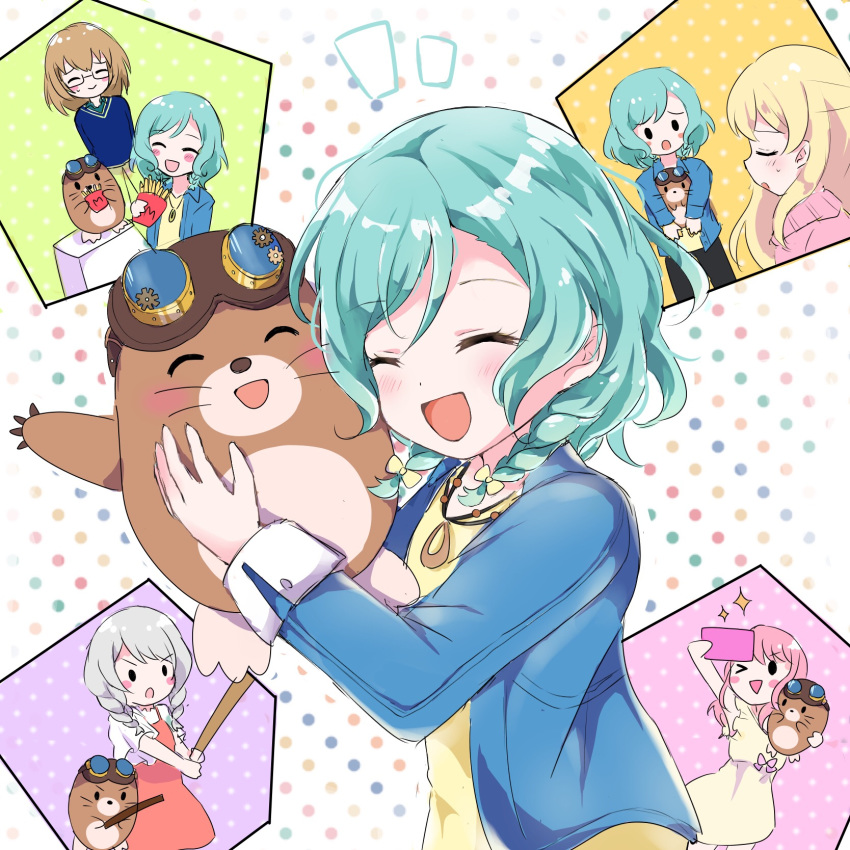 &gt;_o :d \o/ ^_^ animal aqua_hair arms_up bang_dream! bangs blue_jacket blush blush_stickers braid brown_hair cellphone closed_eyes commentary_request dress eyes_closed food french_fries glasses goggles goggles_on_head grey_hair highres hikawa_hina holding holding_animal holding_phone jacket jewelry kaeru_(pau777) long_hair long_sleeves maruyama_aya mole_(animal) multiple_views notice_lines one_eye_closed open_mouth outstretched_arms pastel_palettes pendant phone pink_shirt polka_dot polka_dot_background red_dress self_shot shirasagi_chisato shirt short_hair side_braids smartphone smile solid_circle_eyes sparkle spoilers sweatdrop twin_braids v-shaped_eyebrows wakamiya_eve yamato_maya yellow_dress yellow_shirt