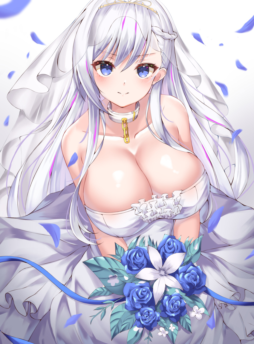 1girl absurdres azur_lane bare_arms bare_shoulders belfast_(azur_lane) blue_eyes blue_flower blue_ribbon blush bouquet braid breasts chains cleavage closed_mouth collar collarbone commentary_request dress flower french_braid frown highres holding holding_bouquet large_breasts leaf long_hair looking_at_viewer lotpi multicolored_hair petals ribbon rose solo streaked_hair veil wedding_dress white_background white_dress white_flower white_hair