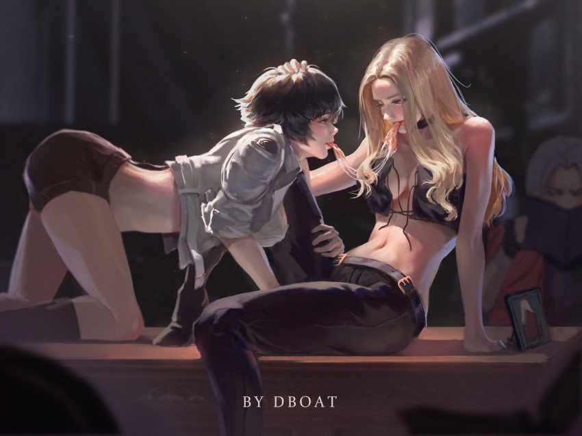 1boy 2girls all_fours artist_name bare_shoulders belt black_hair blonde_hair blurry blurry_background blush breasts cleavage cropped_jacket dante_(devil_may_cry) dark_background dboat desk devil_may_cry devil_may_cry_5 eye_contact food hand_on_another's_head highres lady_(devil_may_cry) large_breasts leather leather_pants leg_cling light light_rays long_hair looking_at_another medium_breasts multiple_girls pants peeking picture_frame pizza purple_eyes reading red_eyes shared_food short_hair short_shorts shorts silver_hair smile trish_(devil_may_cry) undone yuri