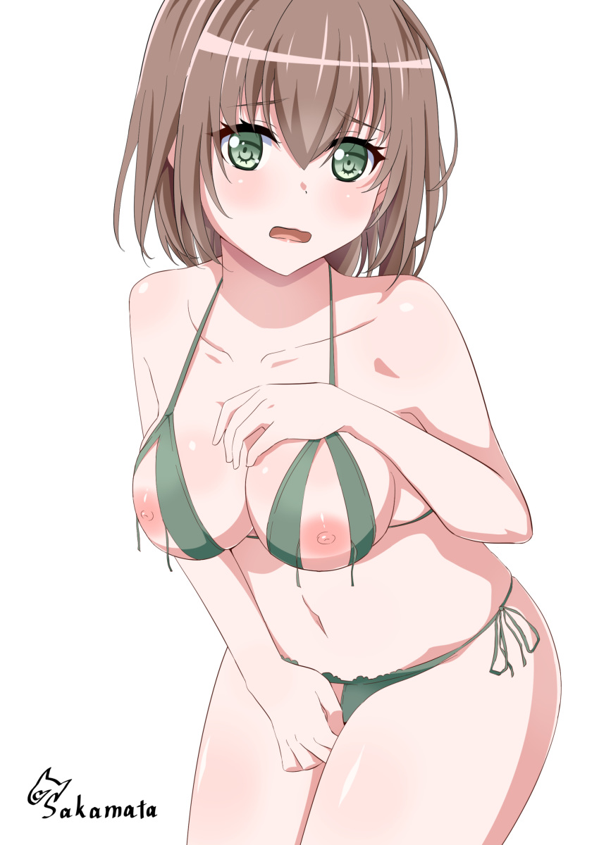 1girl absurdres artist_name bang_dream! bangs between_legs blush bra breasts brown_hair collarbone crotchless_panties green_bra green_eyes green_panties hand_between_legs hand_on_own_chest highres looking_at_viewer medium_breasts navel nippleless_clothes nipples open_mouth panties sakamata short_hair side-tie_panties simple_background sitting solo underwear white_background yamato_maya