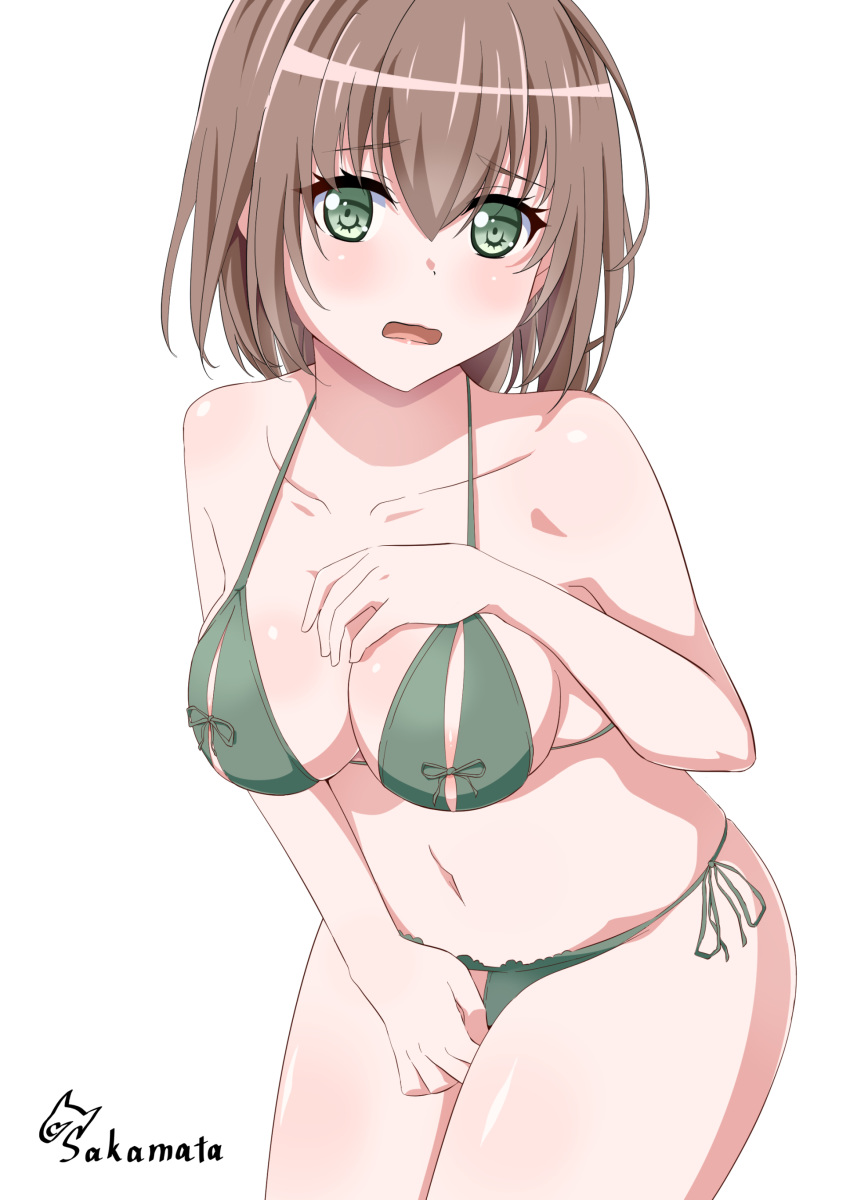 1girl absurdres areolae artist_name bang_dream! bangs between_legs blush bra breasts brown_hair collarbone crotchless_panties green_bra green_eyes green_panties hand_between_legs hand_on_own_chest highres looking_at_viewer medium_breasts navel nippleless_clothes open_mouth panties sakamata short_hair side-tie_panties simple_background sitting solo underwear white_background yamato_maya