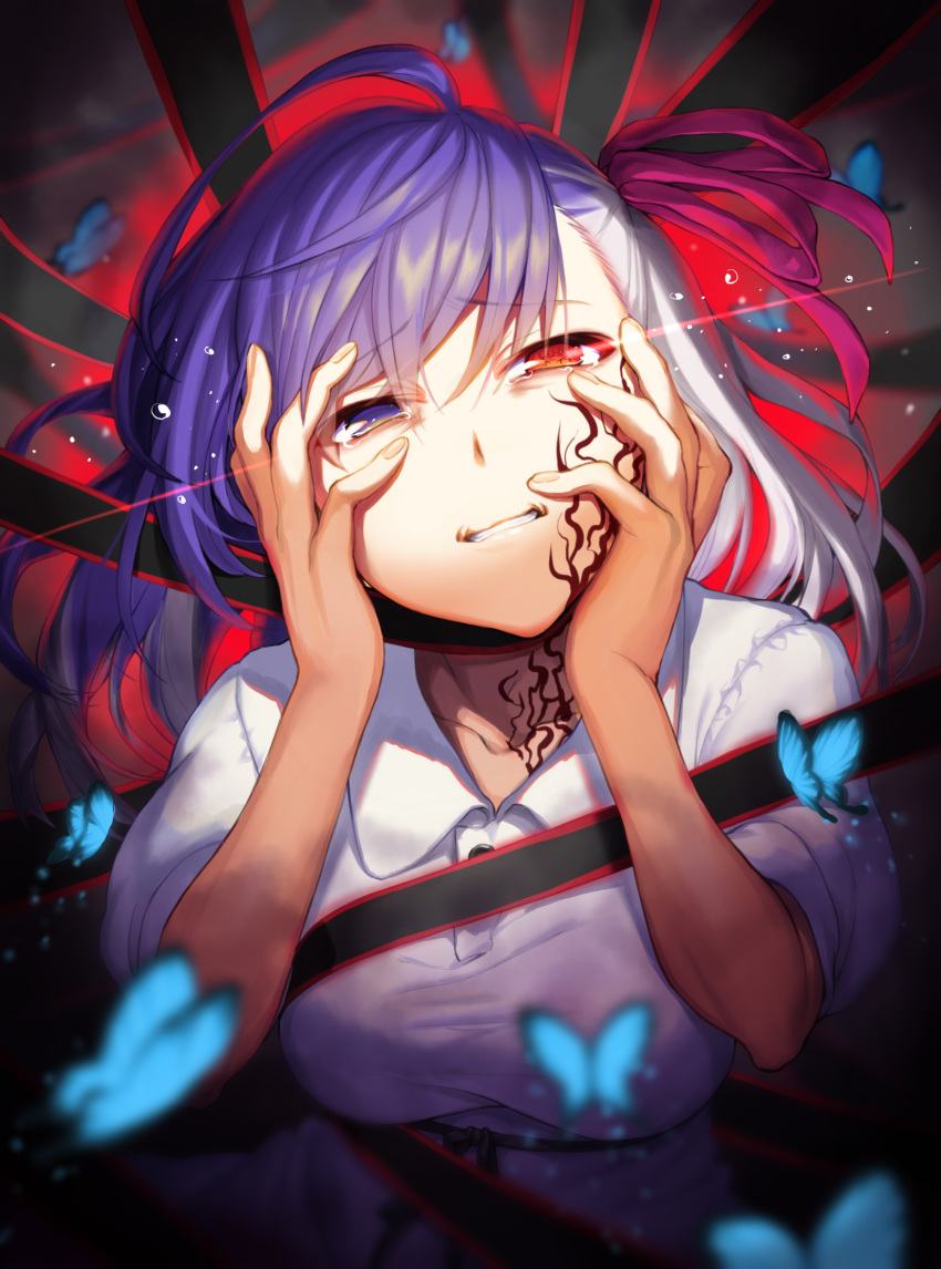 1girl bangs blurry_foreground body_markings breasts bug butterfly clenched_teeth corruption crying dark_persona dark_sakura dress dual_persona eyebrows_visible_through_hair fate/stay_night fate_(series) glowing glowing_eye hair_between_eyes hair_ribbon hands_on_own_face head_tilt heaven's_feel highres insect kyo large_breasts long_hair looking_at_viewer matou_sakura multicolored_hair purple_eyes purple_hair red_eyes ribbon short_sleeves sidelocks solo split_theme tearing_up teeth two-tone_hair white_dress white_hair