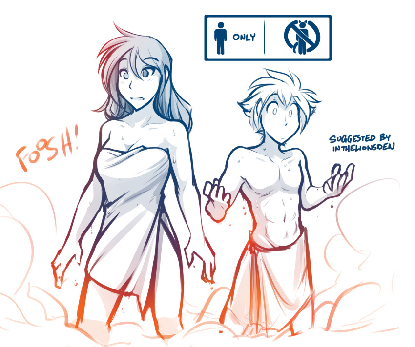 bath blush clothed clothing duo english_text female hair hi_res human human_only keith_keiser male male/female mammal monochrome natani not_furry open_mouth post_transformation simple_background sketch species_transformation surprise text tom_fischbach towel transformation twokinds webcomic wet