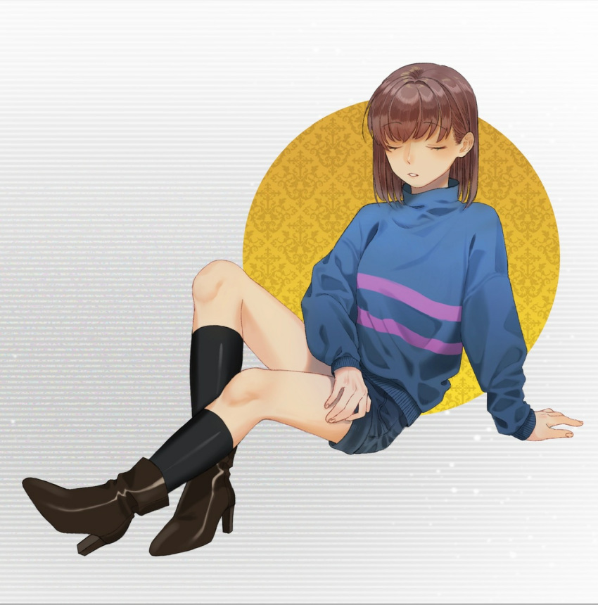 1girl boots eyesclosed frisk_(undertale) high_heel_boots high_heels highres short_hair shorts socks solo sweater undertale