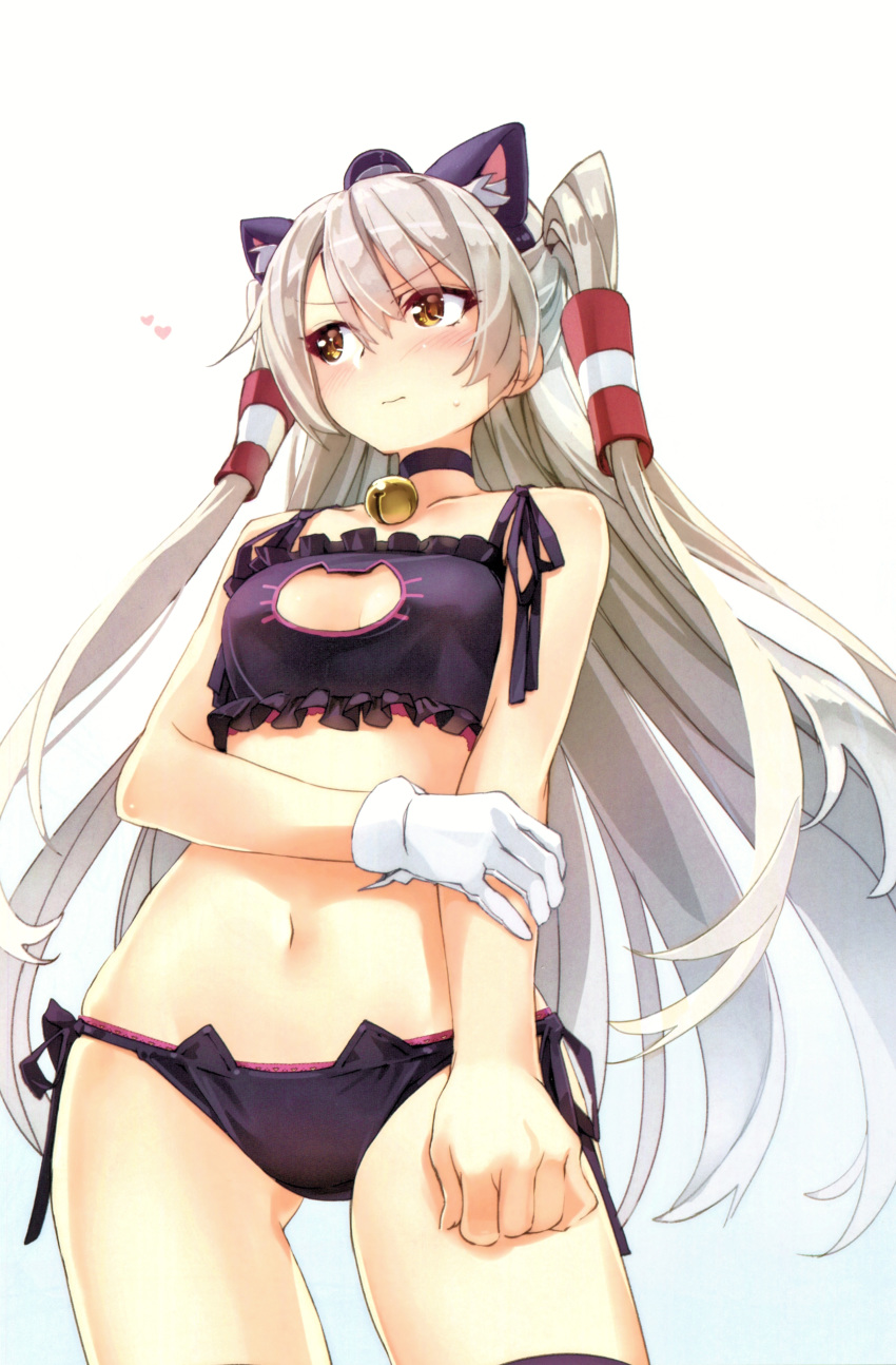 1girl 3: absurdres amatsukaze_(kantai_collection) bangs bare_shoulders bell bell_choker black_bra black_panties blush bra breasts brown_eyes cat_cutout cat_ear_panties cat_lingerie choker cleavage_cutout closed_mouth collarbone eyebrows_visible_through_hair gloves hat heart highres jingle_bell kantai_collection long_hair looking_away meme_attire navel panties scan side-tie_panties silver_hair simple_background single_glove small_breasts solo stomach two_side_up underwear underwear_only v-shaped_eyebrows white_background white_gloves yahako