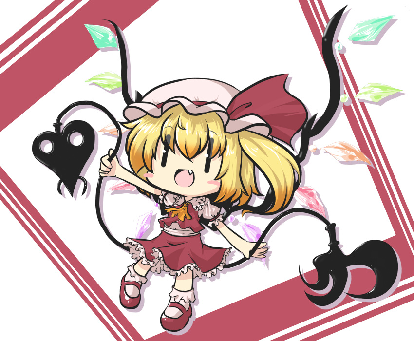 1girl ascot blonde_hair chibi commentary_request eyebrows_visible_through_hair fang flandre_scarlet goma_(gomasamune) hat hat_ribbon highres long_hair mob_cap open_mouth puffy_short_sleeves puffy_sleeves ribbon shoes short_sleeves side_ponytail skirt smile solo touhou wings