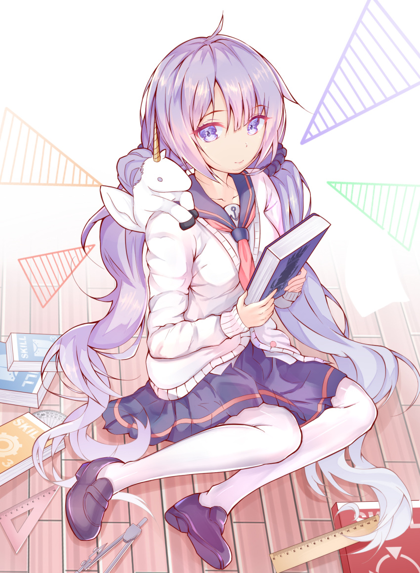 1girl ascot azur_lane bangs black_footwear book cardigan commentary compass_(instrument) full_body hair_ornament hair_scrunchie highres holding holding_book light_smile loafers long_hair long_sleeves looking_at_viewer low_twintails pantyhose protractor purple_eyes purple_hair ruler sailor_collar scrunchie shoes sidelocks sitting skirt solo stuffed_alicorn stuffed_animal stuffed_toy textbook twintails unicorn_(amusement_park_date)_(azur_lane) unicorn_(azur_lane) very_long_hair white_legwear wooden_floor zuu_(qq770463651)