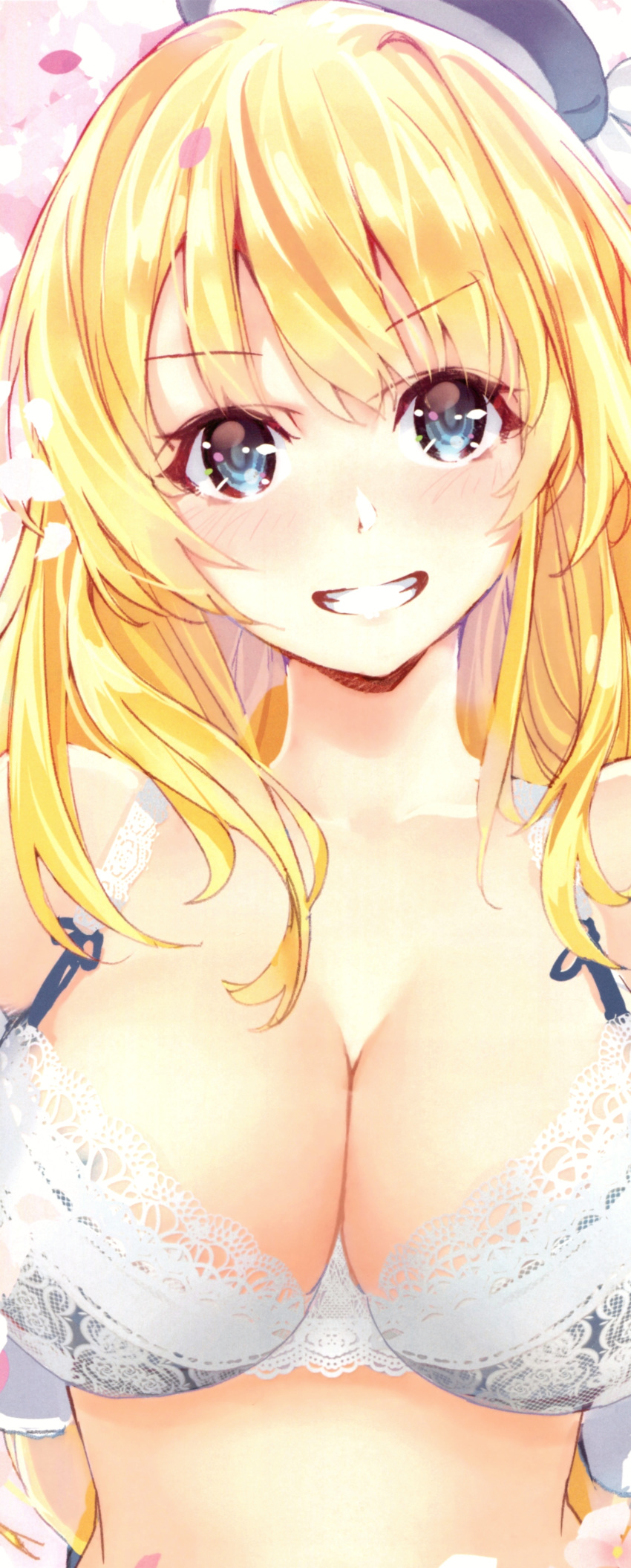 1girl absurdres atago_(kantai_collection) bangs beret blonde_hair blue_eyes blush bra breasts cleavage collarbone eyebrows_visible_through_hair hat highres kantai_collection large_breasts long_hair looking_at_viewer parted_lips scan shiny shiny_hair simple_background smile solo teeth underwear upper_body yahako